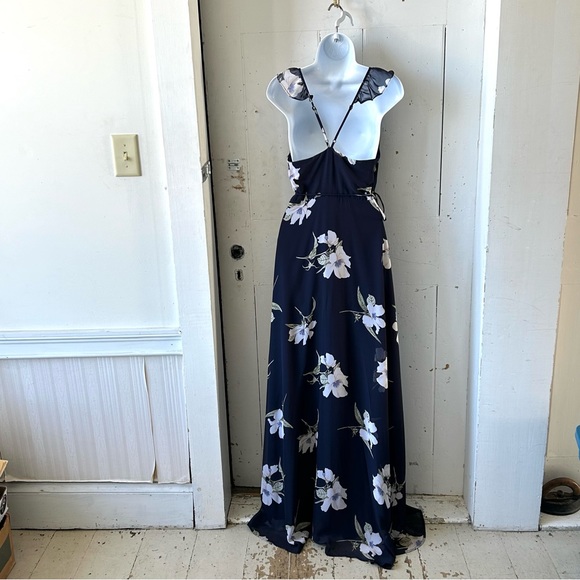 Lulu"s All Mine Navy Blue Sheer Chiffon Floral Print Maxi Wrap Dress - Picture 5 of 13